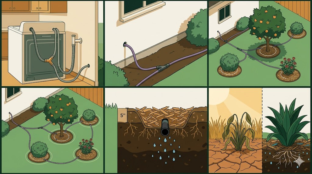 How a laundry-to-landscape greywater system works: diverter valve, tubing routing, yard zones, mulch basin cross-section, and drought comparison