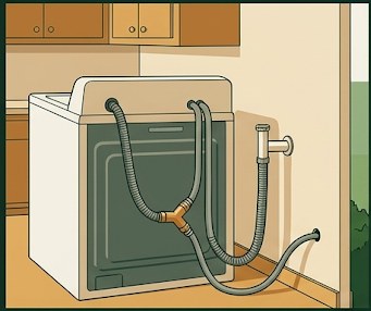 Washing machine drain hose connected to a three-way diverter valve, routing water to sewer or landscape tubing