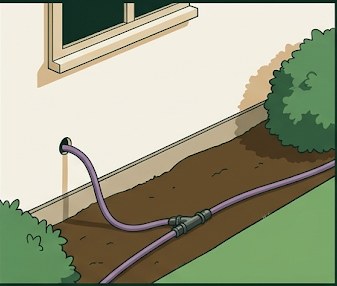 Purple-labeled greywater tubing routed along exterior house wall, exiting through a small penetration to yard irrigation zones