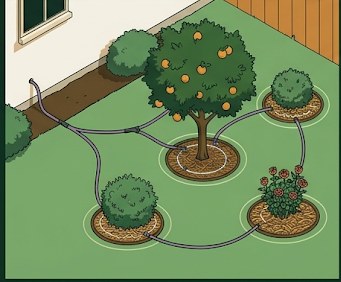 Overhead view of yard with greywater tubing routed to mulch basins around citrus trees, shrubs, and ornamental plants
