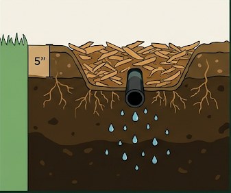Cross-section diagram of a greywater mulch basin showing 5 inches of wood chip mulch, buried drainage pipe, and water percolating into soil root zone