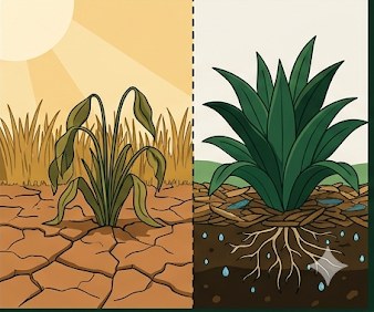 Before and after drought comparison: wilted dry plant with cracked soil on left, thriving well-watered plant with healthy roots on right
